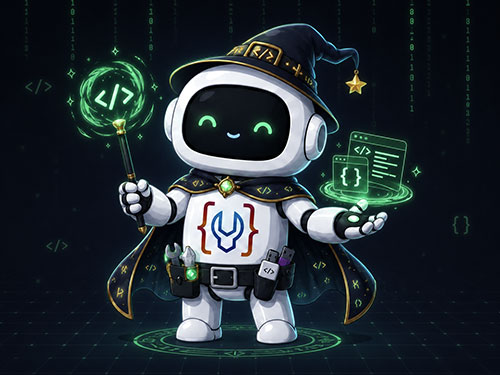Friendly robot wizard casting glowing code magic for AI agent skills.
