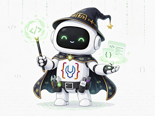 Friendly robot wizard casting glowing code magic for AI agent skills.